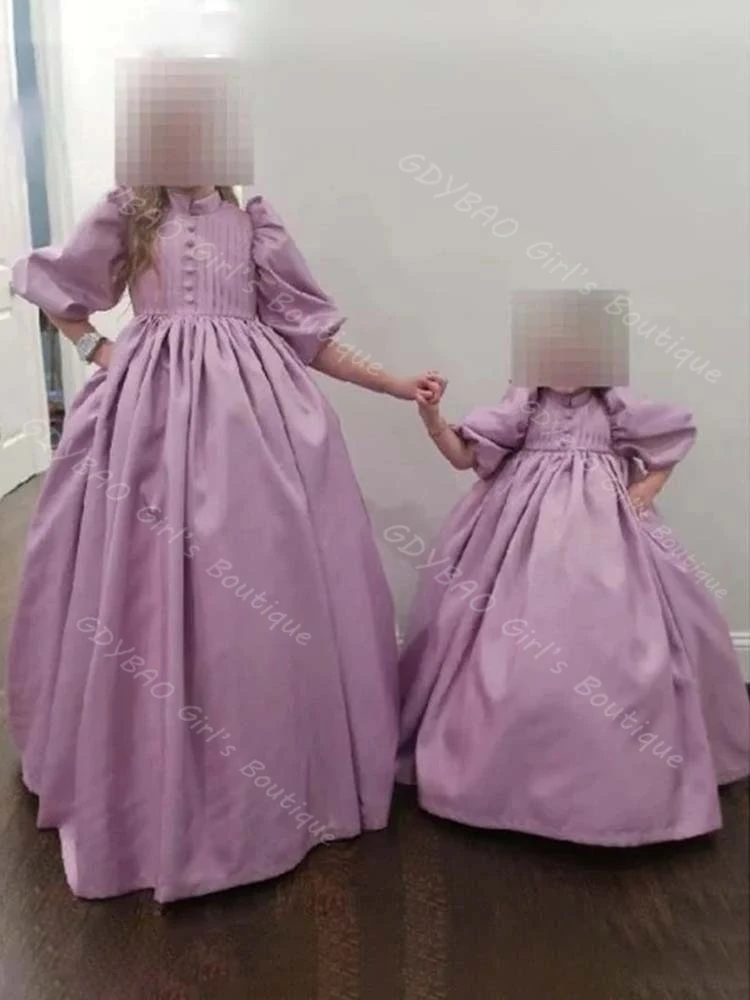 فستان من الساتان ثنيات للمناولة الأولى للفتيات عالي الخصر وأكمام منتفخة فستان فتاة الزهور لحفلات الزفاف من 2 إلى 14 فستان حفلات مخصص للأطفال