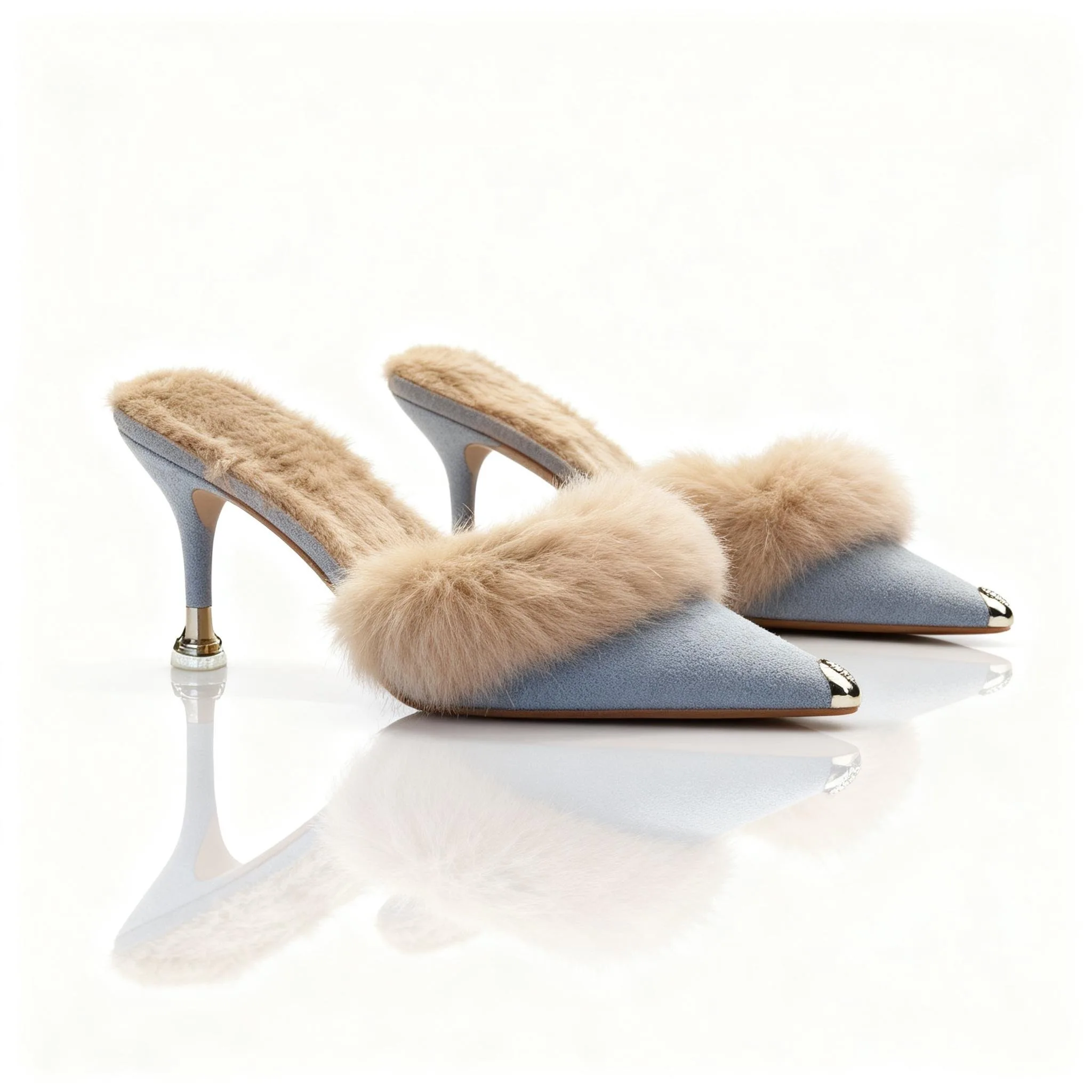 حذاء بكعب عالٍ من القطيفة بتصميم Bloomsteps، حذاء بكعب مدبب باللون الأزرق الفاتح مع زخارف معدنية، حذاء شتوي أنيق من القطيفة