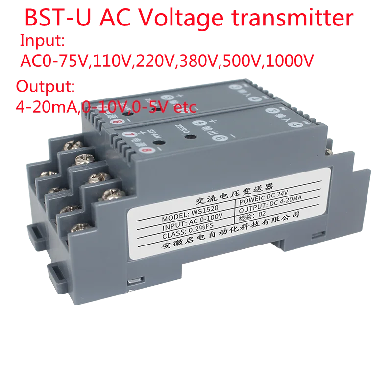 AC Voltage Transmitter 4-20mA 0-10V output voltage sensor 110v 220V 380V input signal converter 35mm Din Rail