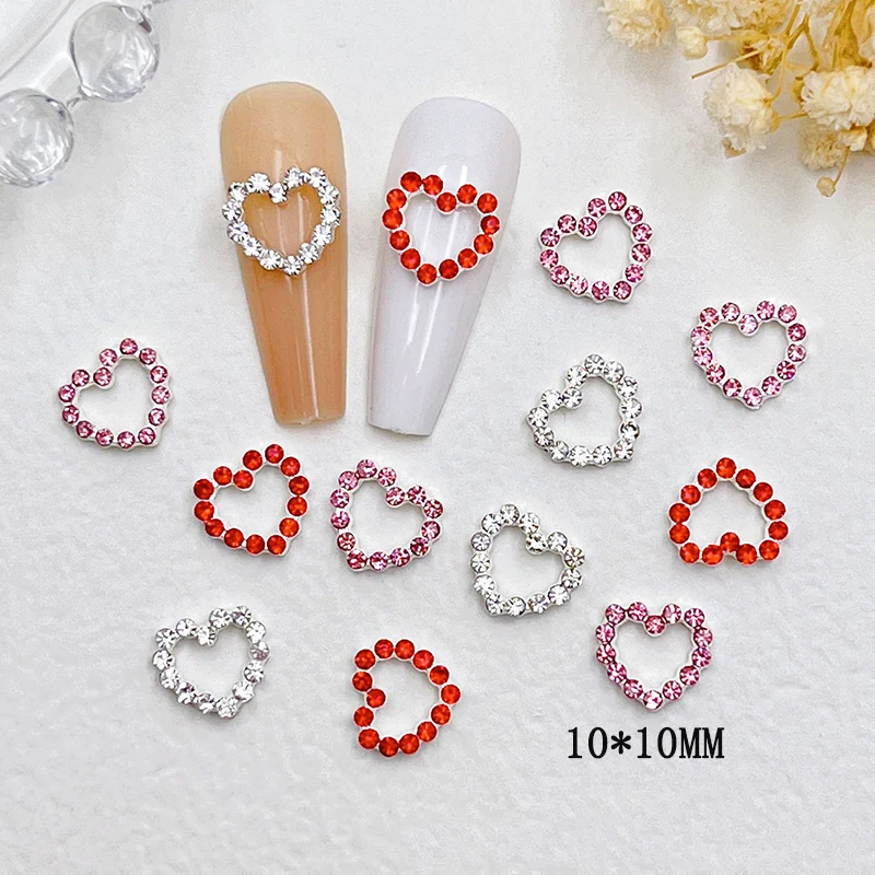12Pcs 3D Metal Heart Nail Rhinestones Love Nail Charms Jewelry Red Pink White Crystal Glass Gems Nail Art Decorations Accessorie
