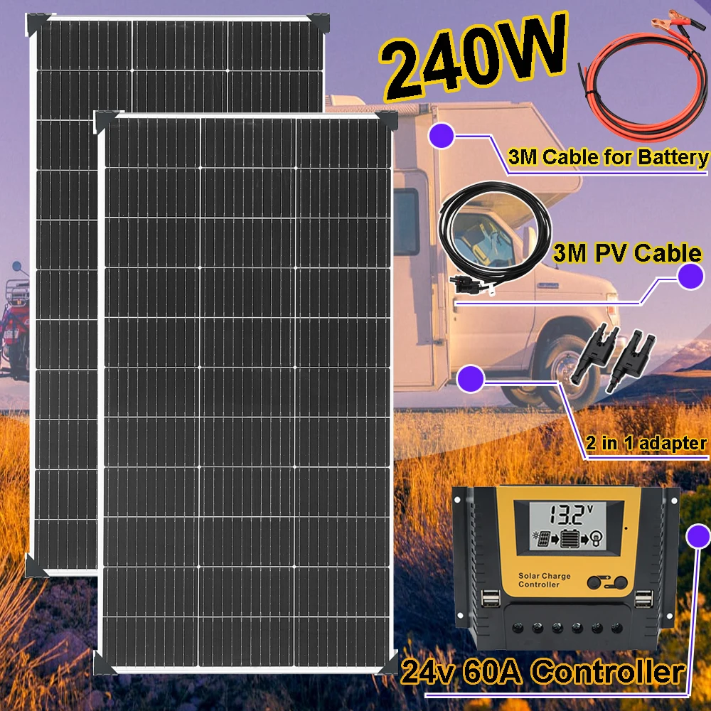 12V Solar Panel System : 200W/240W/300W/400W/480W/600W Solar Module + Charge Controller + Cable for RV, Camper, Vehicle, Caravan
