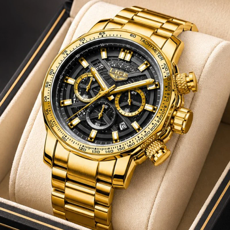 LIGE New Gold Chronograph Big Dial Watch Men Top Brand Luxury Waterproof Luminous Watch For Men Outdoor Sport Quartz Wristwatch