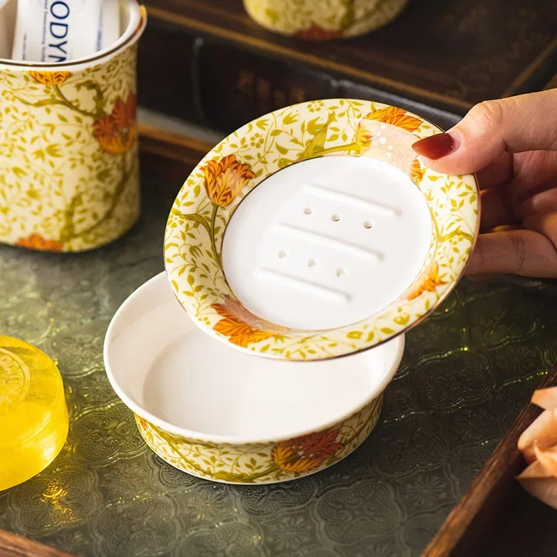 Creative Painted Flowers Ceramic Soap Box Bathroom Wash Drain Table Soap Box Perforation-free Shelf Bathroom Accessories Modern