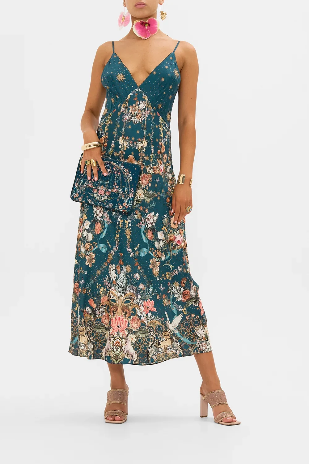 

Women Flower Printed Strapless 100% Silk Backless Sleeveless Sling Long Dress