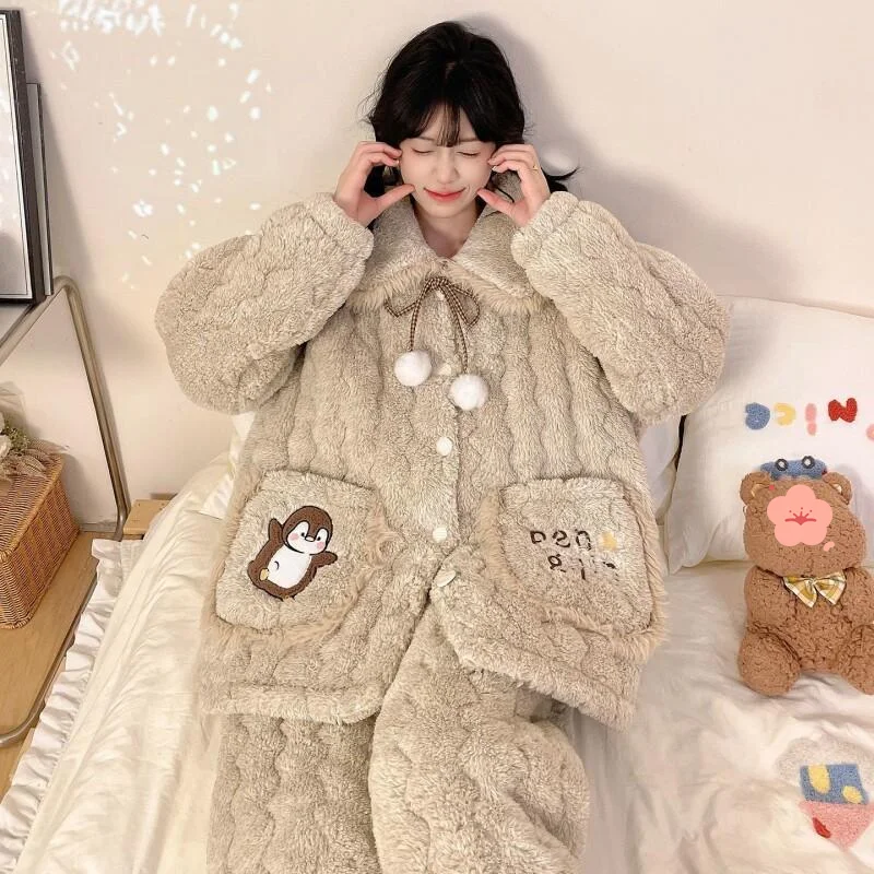 Pijamas de mujer ropa de dormir cómoda conjunto de pijama de algodón invierno otoño acolchado coreano lindo pingüino Coral polar grueso traje para casa