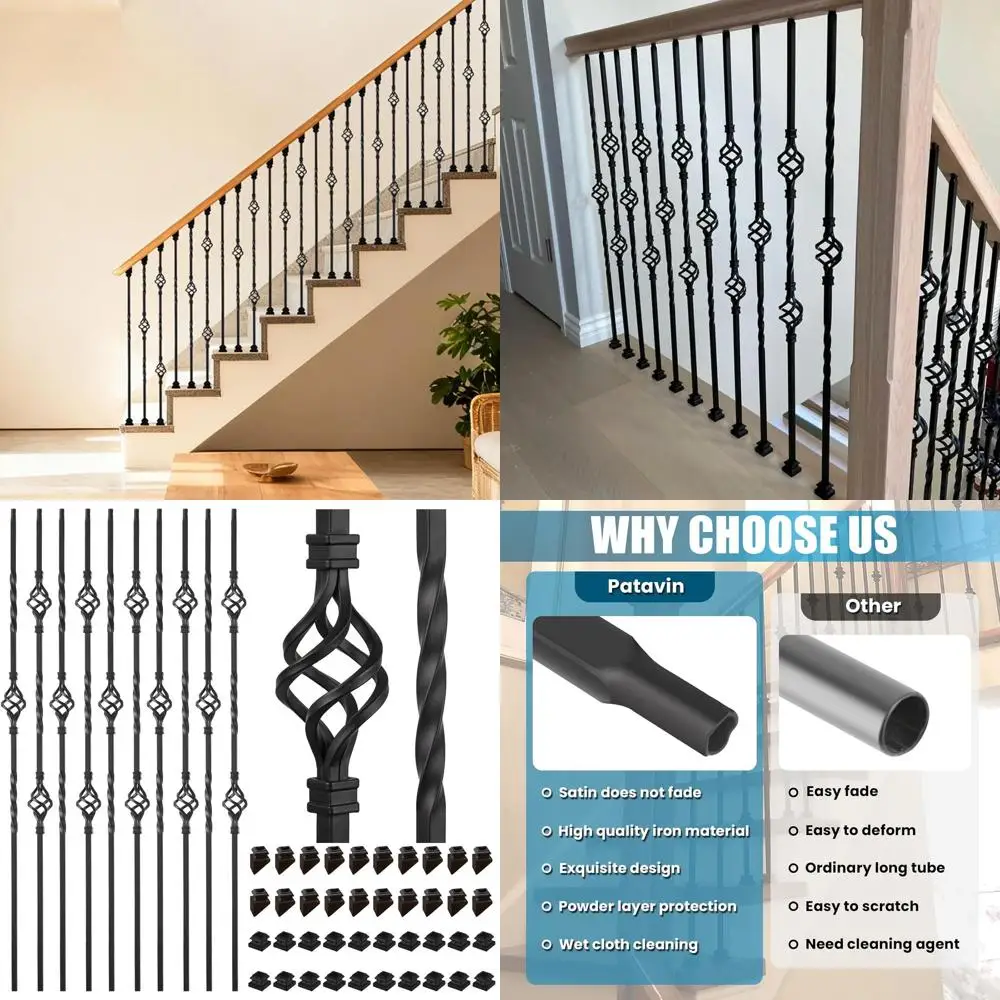 

20 Pack Staircase Iron Balusters - 1/2 Hollow Square Metal Spindles with Single and Double Basket Designs, Including 20 Lat and