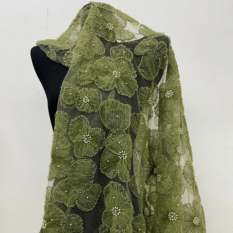 

Heavy Duty 3D Beaded Embroidery Fabric Floral Lace with Silver Beads for Womens Cheongsam Wedding Dress Stage Costume DIY Sewing