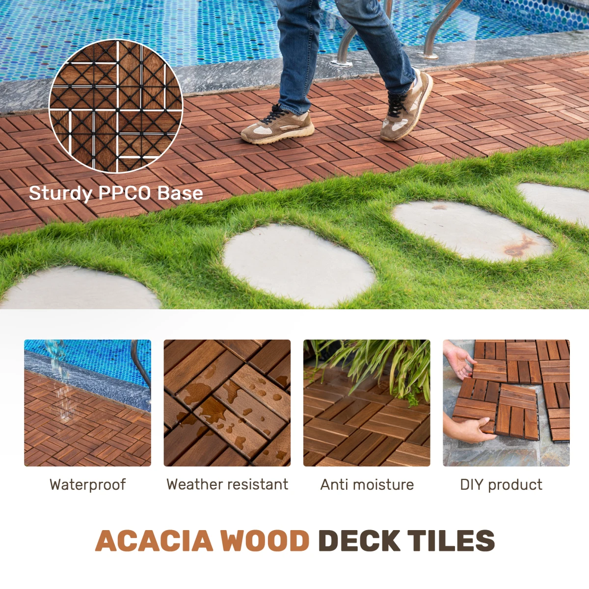 Acacia Wood Interlocking Deck Tiles Checker Pattern, 10PCS 12' X 12' Square Brown Acacia Hardwood Outdoor Flooring for Patio, Bancony, Pool Side,... RR