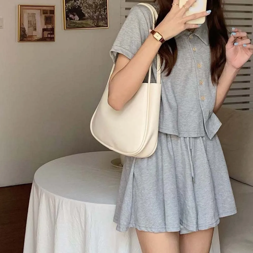 

Elegant Soft PU Tote Bag Anti-splash Water Large Capacity Solid Color Handbag Polyester Magnetic Button French Underarm Bag