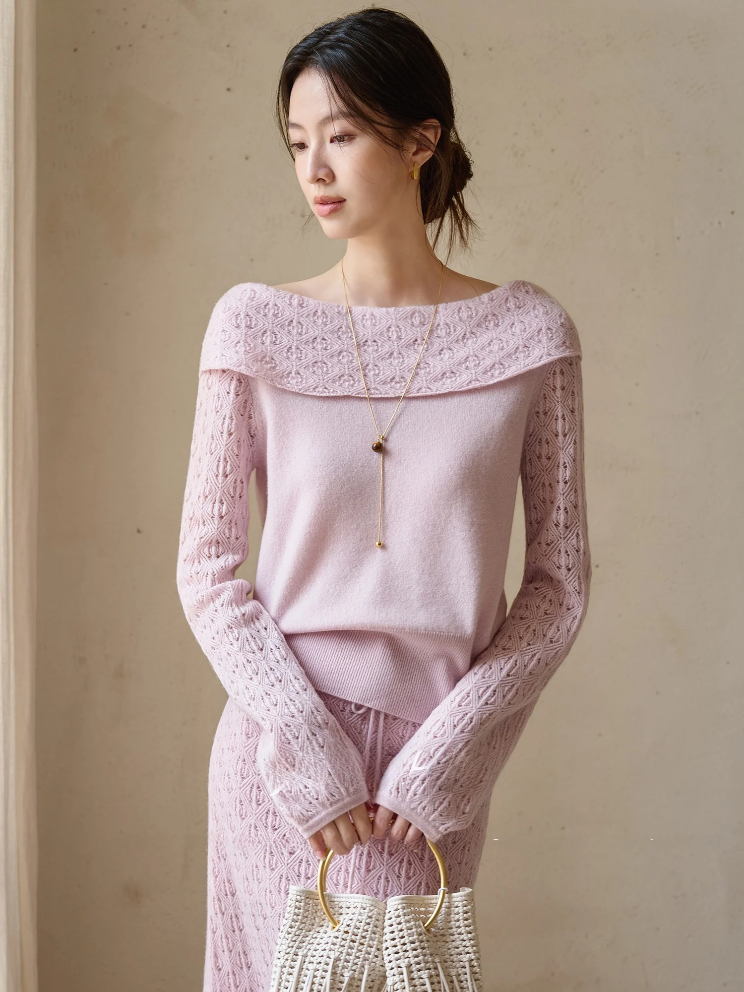 

Ele Knitted Woolen Sweater And Skirt Set Hollow out Design Turn down Collar Full Sve Women's Faion Spring Wear