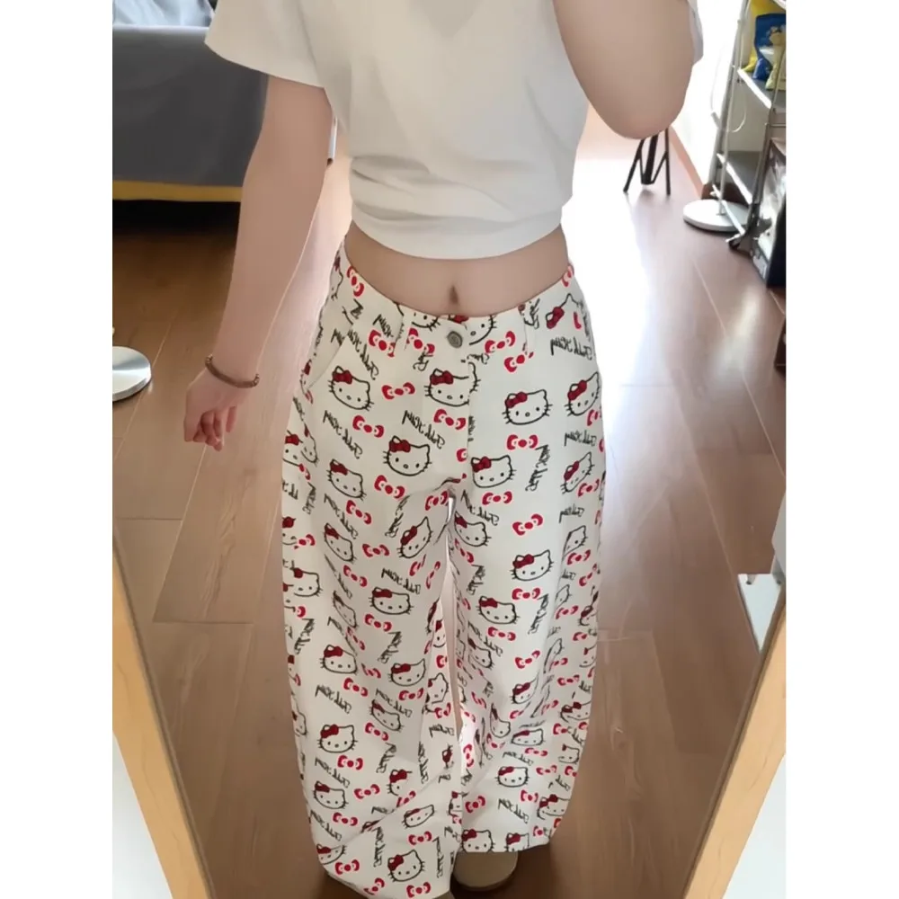 كارتون لطيف طقم أبيض طباعة واسعة الساق عالية الخصر الجينز النساء تصميم فضفاض مستقيم قطع بنطلون القطن تمتد الدنيم