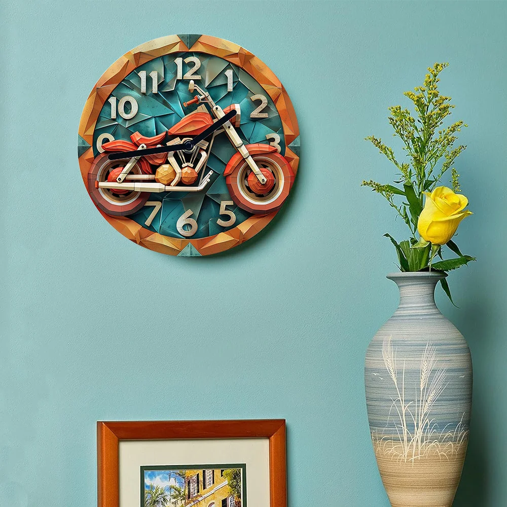 Motorcycle-Themed Silent Wall Clock-DIY Assembly Kit with High-Definition 2D Print, Graduation Season & Dorm Decor G468