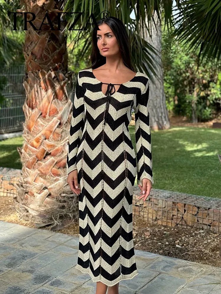 

TRAFZA Female Beach Style Dress Black Wavy Stripe O-Neck Long Sleeves Hollow Out Lace-Up Decorate Summer Dress Woman 2024 Trendy