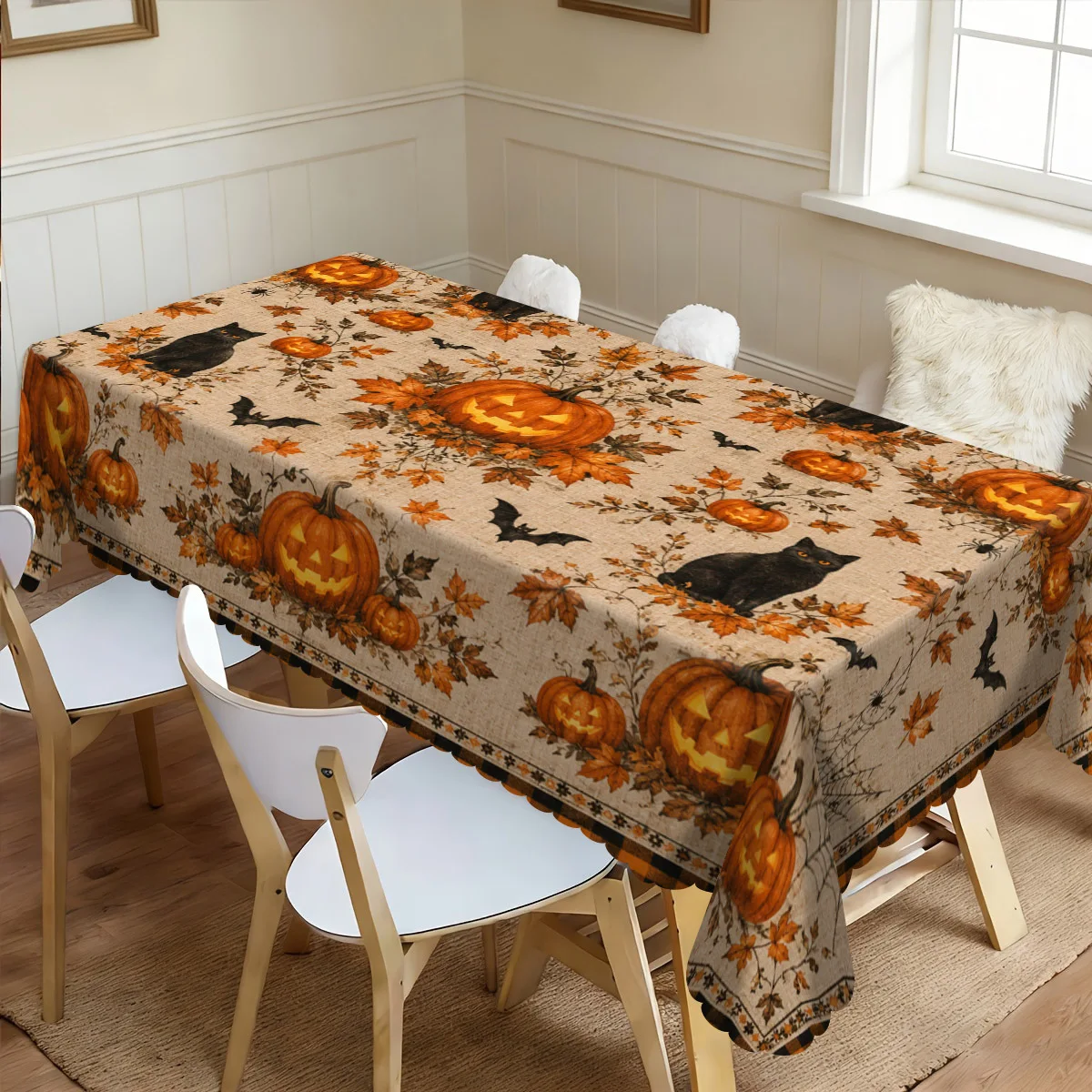 1 piece, Halloween-themed tablecloth, featuring vintage black cats, pumpkins, bats and autumn maple leaf patterns