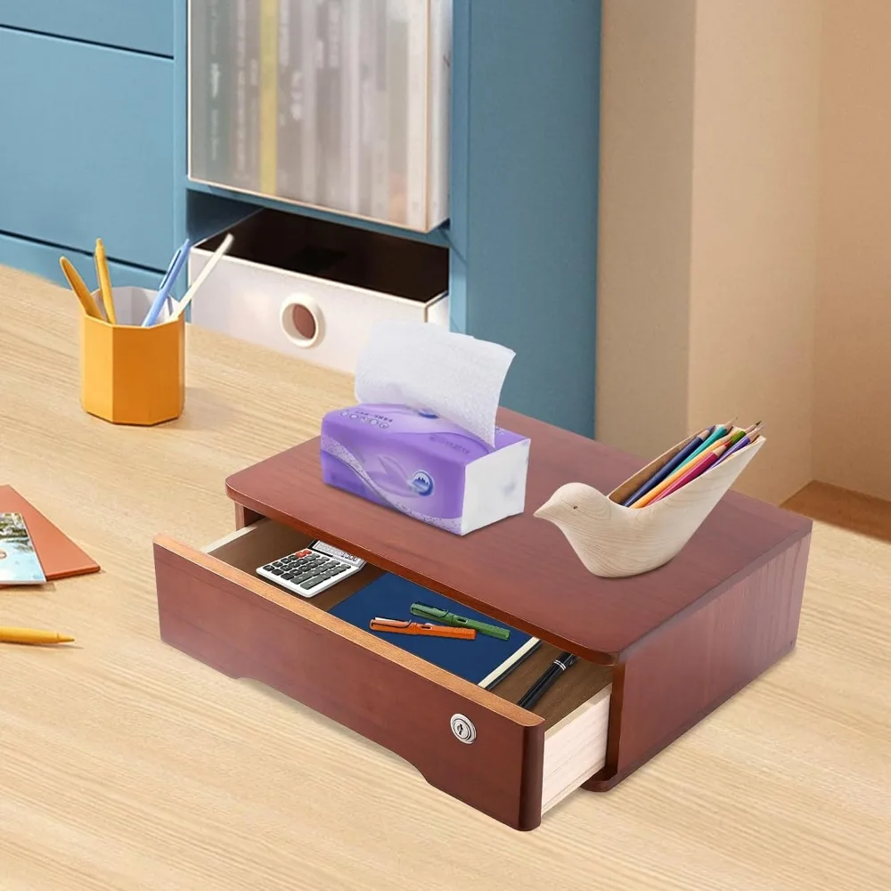 Wooden Desktop Storage Box with Lockable Drawers Office Supplies Drawer Organizer Receipt File Organizer Flat File Cabinet