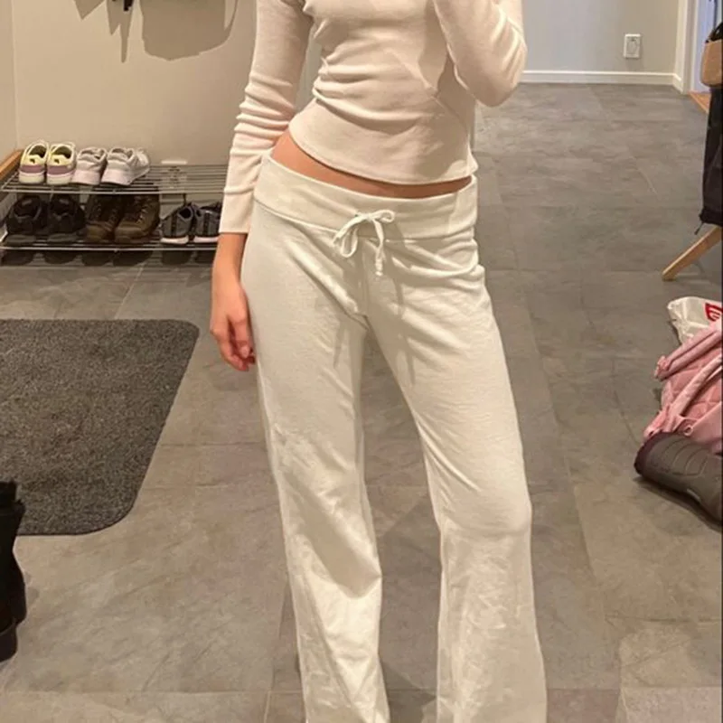 

Casual Solid Basic Pants Chic Floor Length Bottoms Vintage Aesthetic Mid Waist Drawstring Straight Trousers
