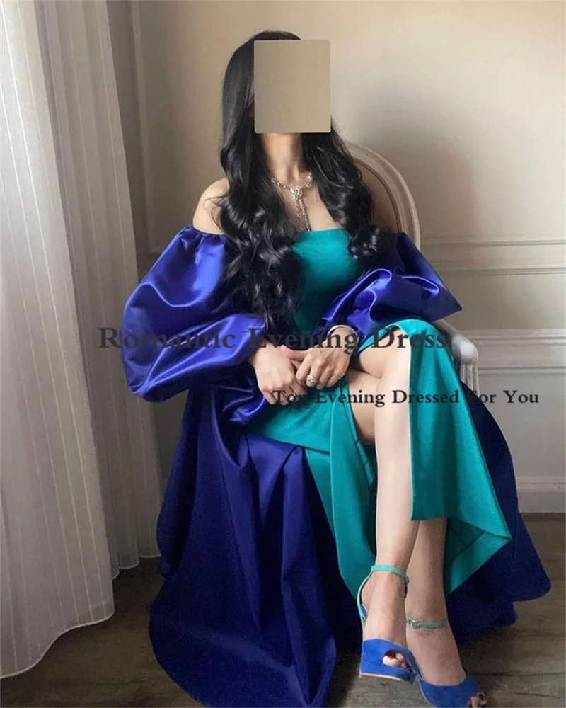 Vestido de noche verde romántico y satinado para mujer, chaqueta Cloark con mangas abullonadas, abertura en la pierna, Vestido largo de graduación para mujer, Vestido de Arabia Saudita