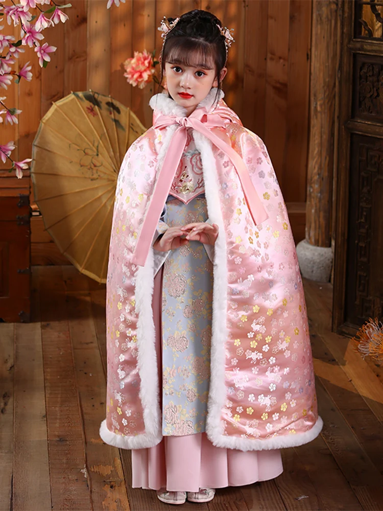 Cape chaude à manches longues pour fille Hanfu, manteau épais, rose à capuche, manteau de Style ancien, vêtements de scène du nouvel an pour enfants, hiver