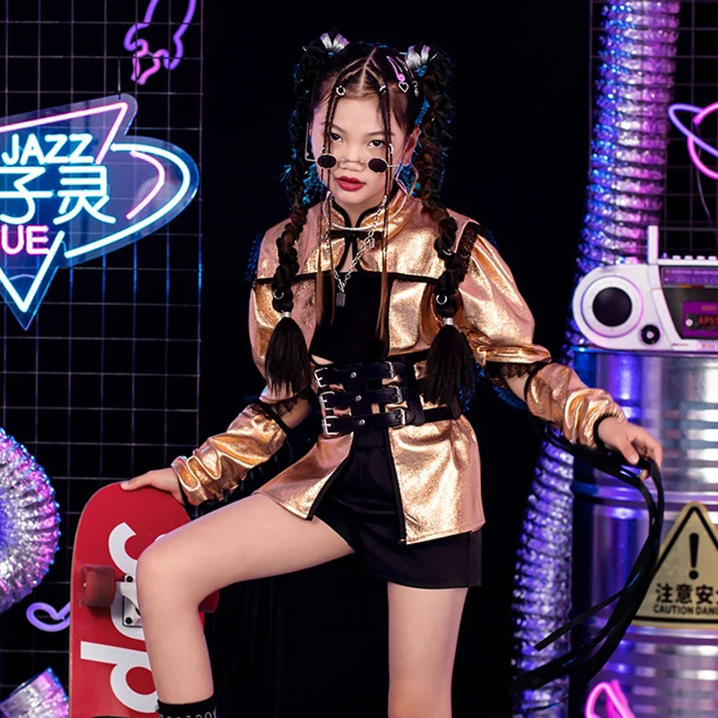 Meninas Jazz Dance Trajes com Top e Shorts Franjados Dourados, Roupas de Passarela Infantil, Roupas de Palco Kpop, Roupas Hip Hop, XS7707