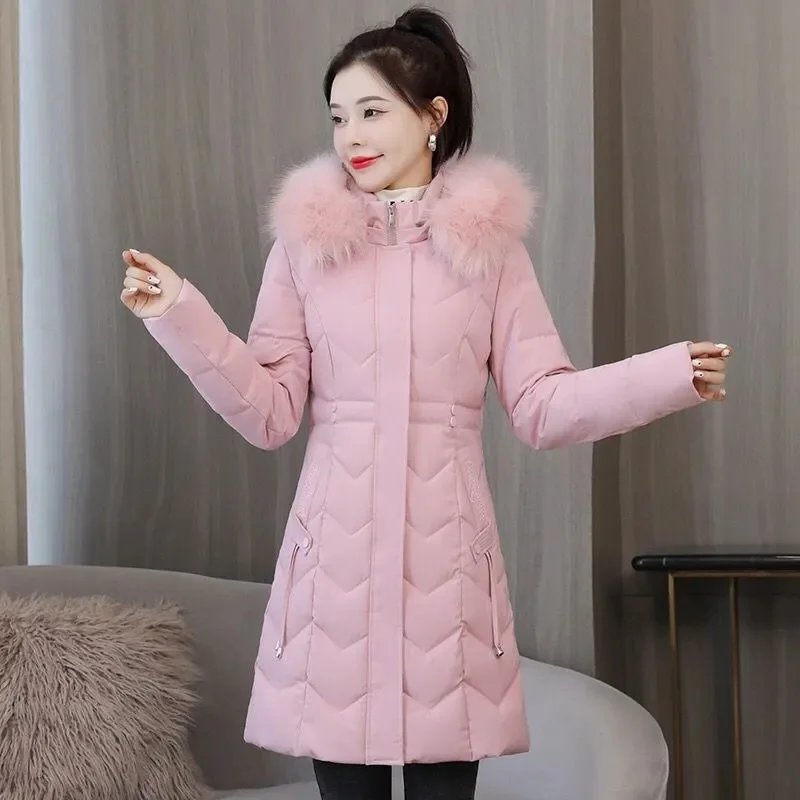 2025 Winter New Down Cotton Parkas Jacket Women's Long Faux Fur Collar Padded Jacket Thick Loose Large Size Padded Jacket
