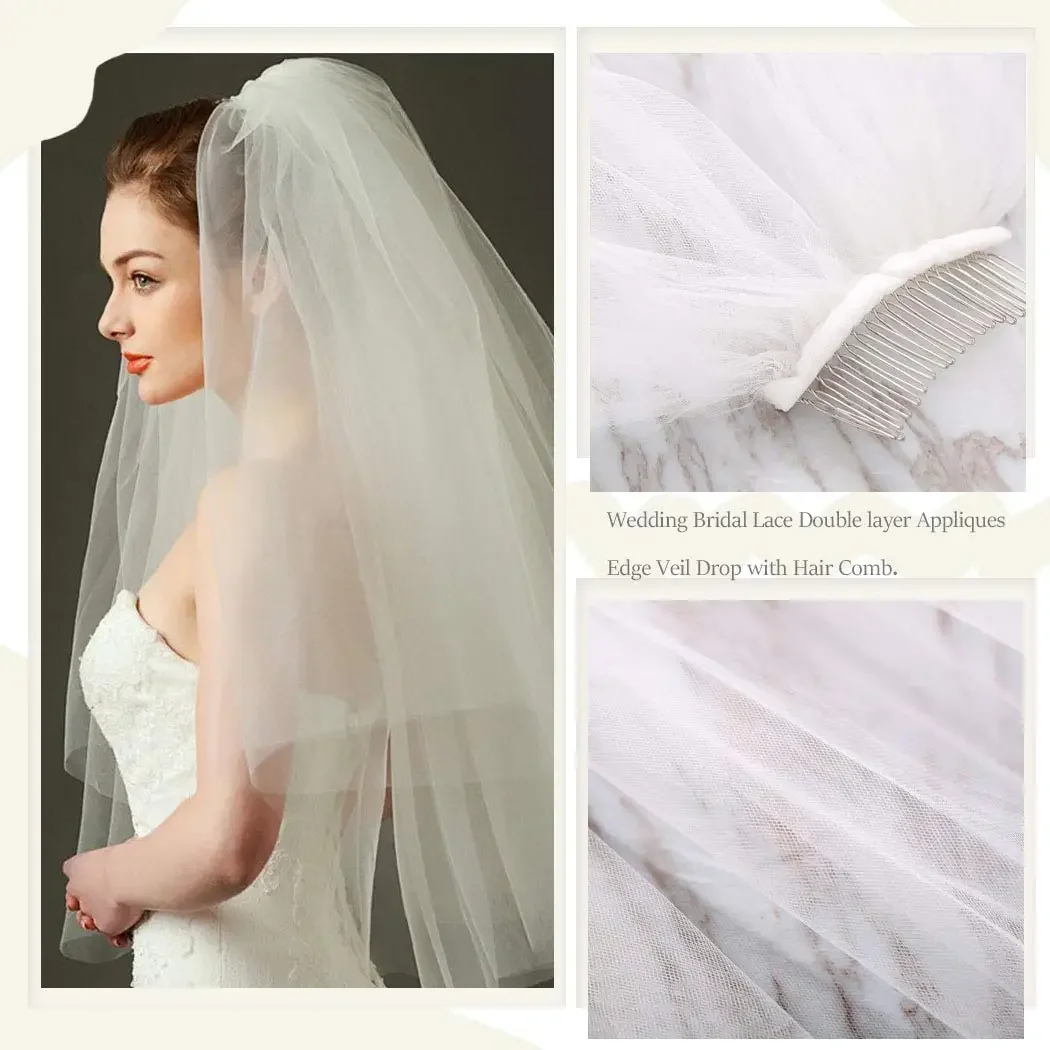 Voile de mariage court en tulle blanc pour patients, fard à joues, peigne, accessoires pour cheveux de mariée, femmes et filles, 2 niveaux