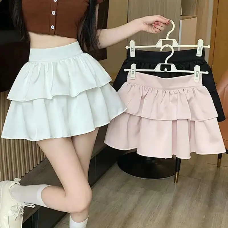 Summer Solid Ruffles Cake Mini Skirts Women Multilayer Cute Lolita Style Kawaii High Waist Skirt Sweet Teen Girls Preppy Clothes
