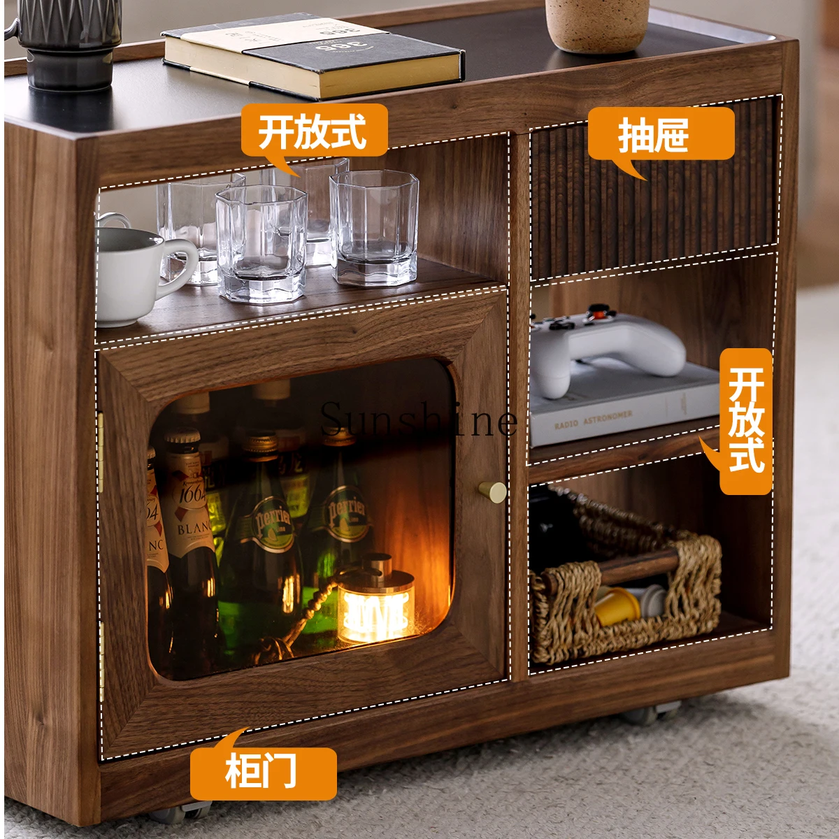 North American small apartment living room sofa side cabinet rack can be moved by cart