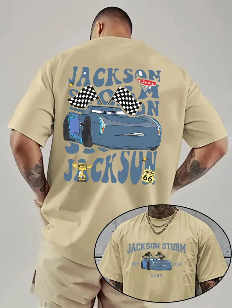 ديزني سيارة جديدة فيلم البرق ماكوين الكبار تي شيرت الرجال جاكسون العاصفة سباق التصميم الرسمي حفلة عيد ميلاد تي شيرت صيفي