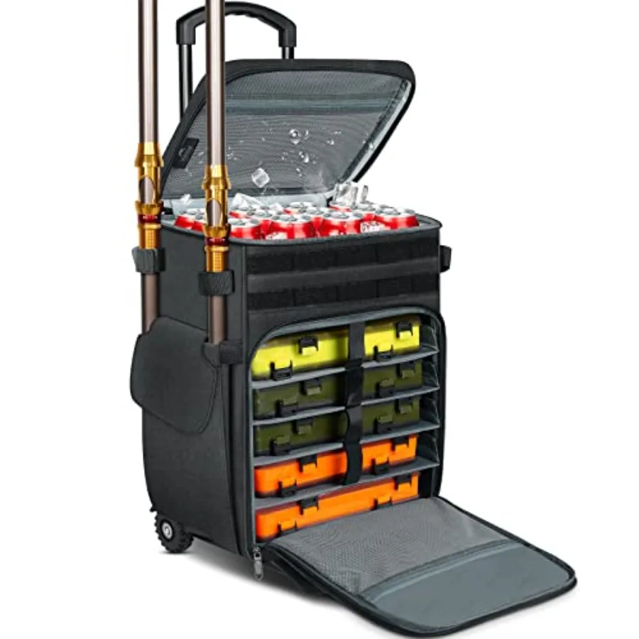 

Rolling Tackle Box with Cooler, Large Fishing Bag with Wheels for 5 Trays Trays Not Included,Saltwater Resistant Tackle Backpac