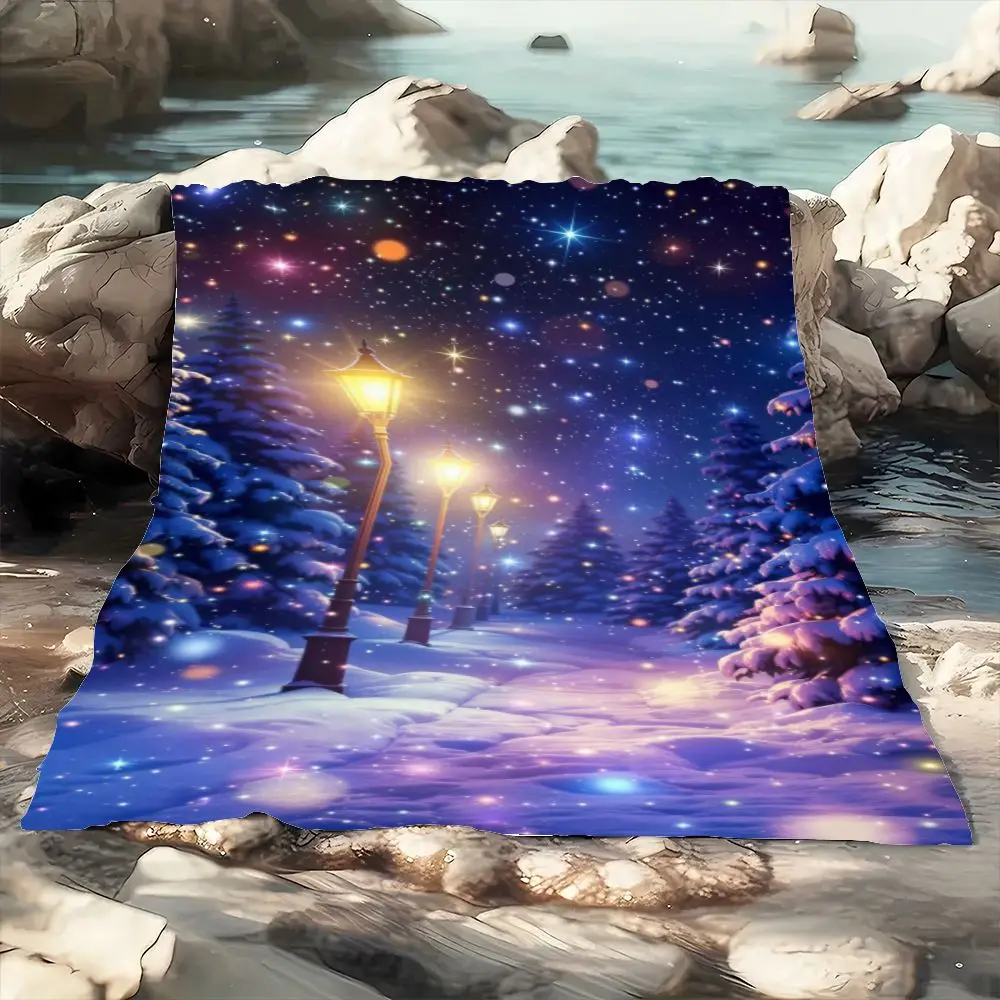 Coperta magica per palcoscenico notturno invernale - Coperta in morbido pile accogliente con paesaggio innevato incantato, toni blu intenso e viola, G