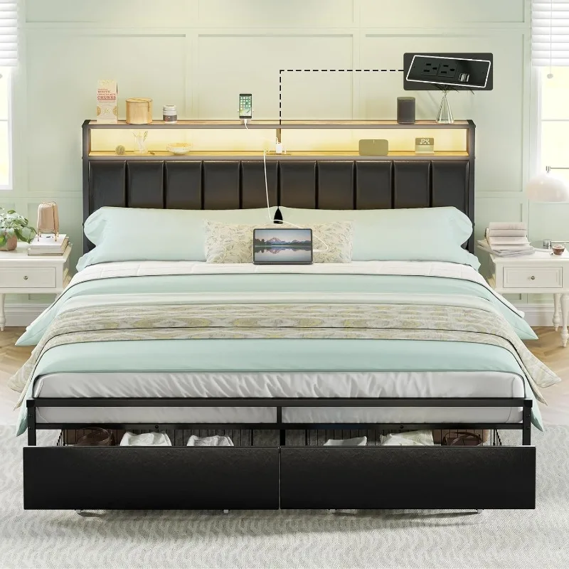 LED Bed Frame with Drawers, King Platform Bed Frame with 2-Tier Storage & Leather Upholstered & Charging Station Headboard