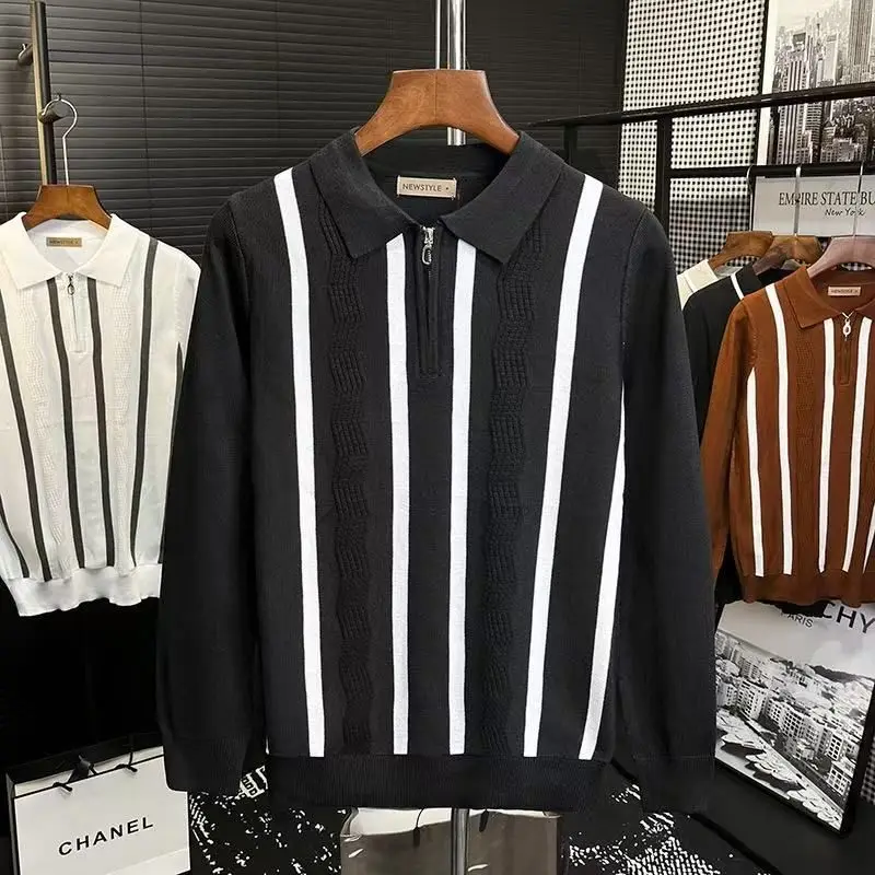 الرجعية بريتي Sle محبوك irt الرجال اللون بلو شريط سليم صالح ort Sve البلوز الحرير القطن الحرير الجليد... #3