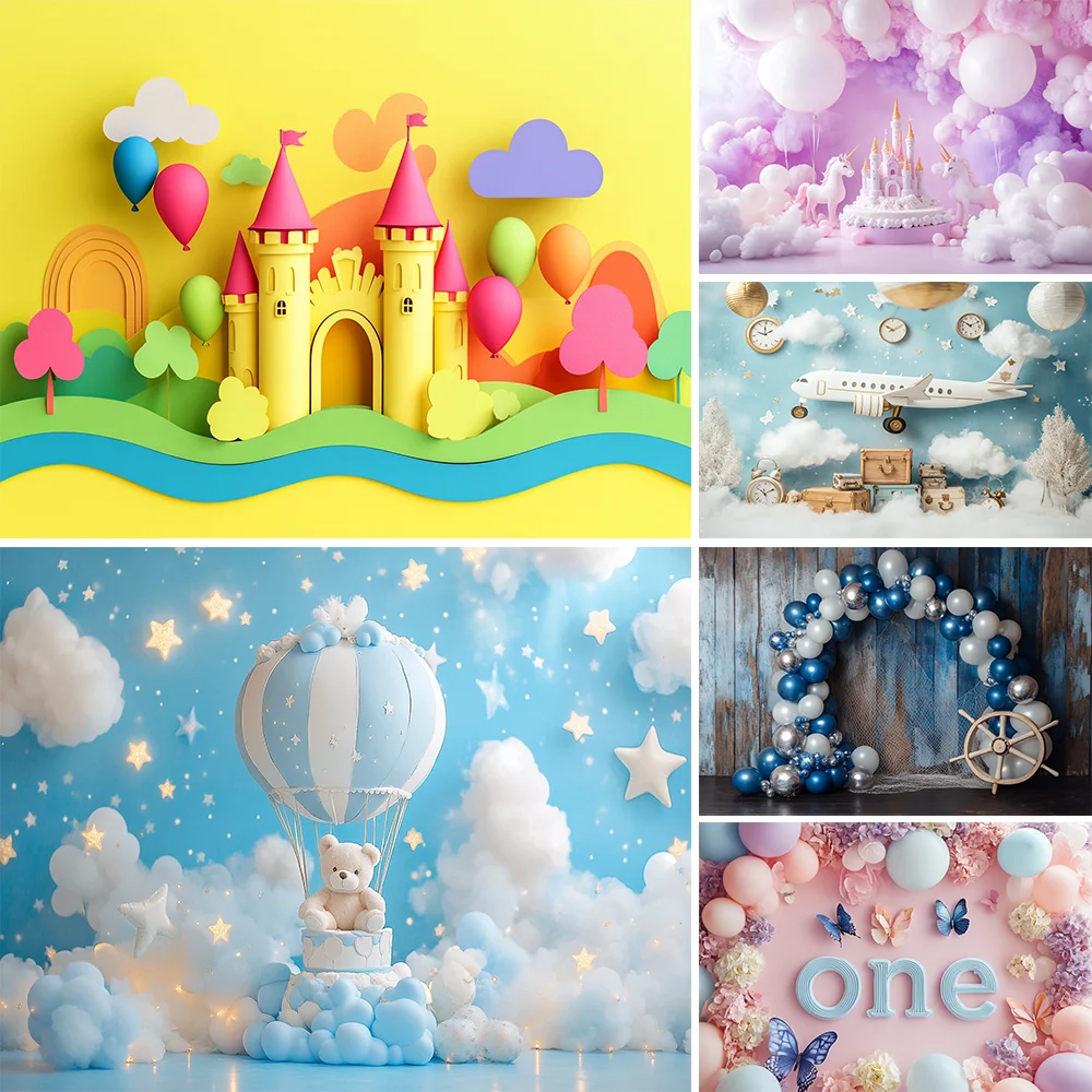 

Newborn Baby 1st Birthday Backdrop Blue sky White Clouds Hot air balloon Portrait of girl boy Photography backgdrop Kids Gift