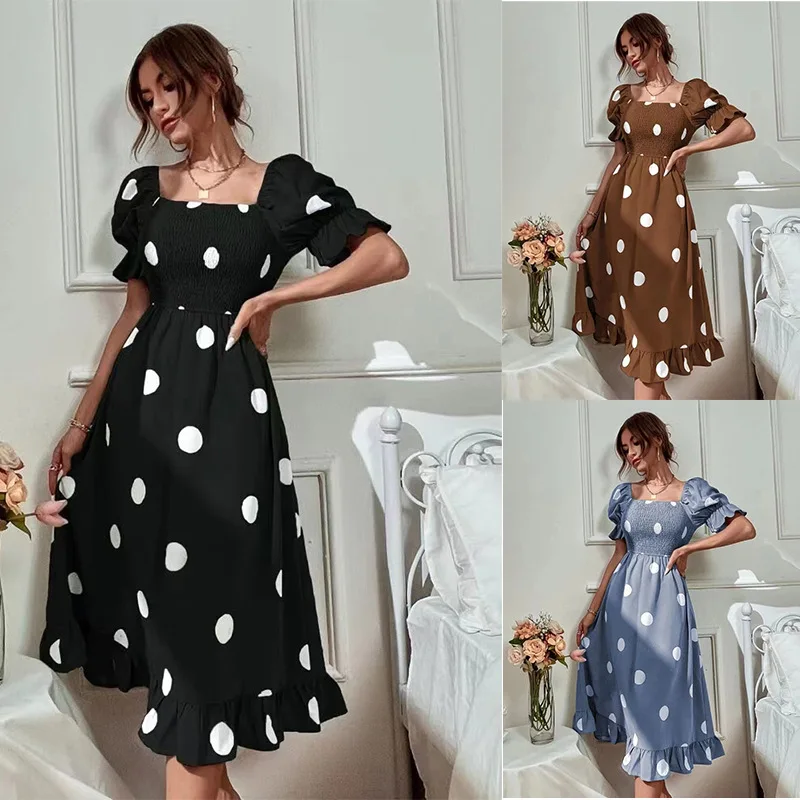 

Europe and The United States Hot Selling Big Polka Dot Slim Sweet Lotus Edge Short-sleeved Dress Female Maxi Dresses for Women