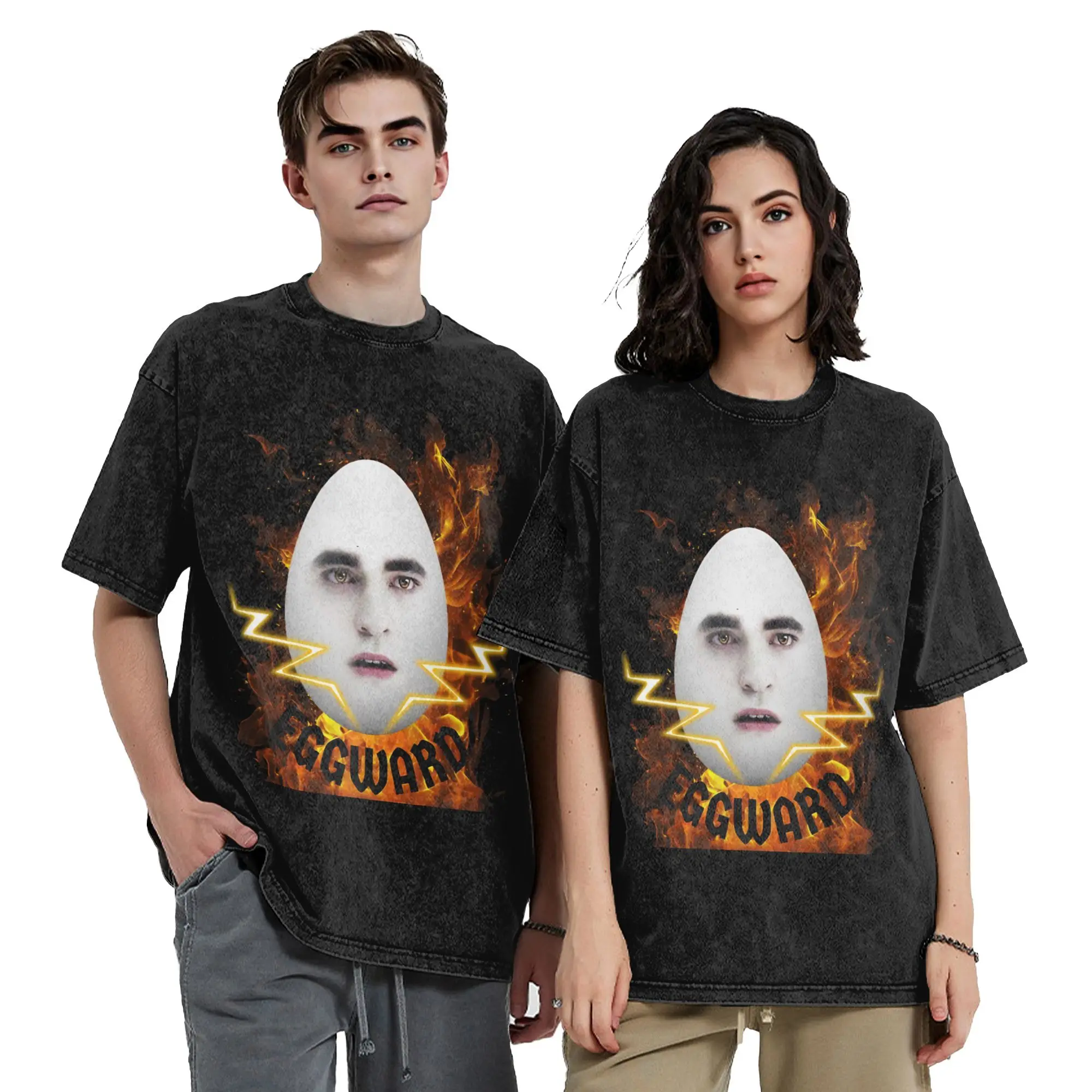 Washed T Shirt Eggward Fire Funny Meme Hip Hop T-Shirt Oversize Twilight Edward Cullen Cotton Summer Tee Shirt for Men Women
