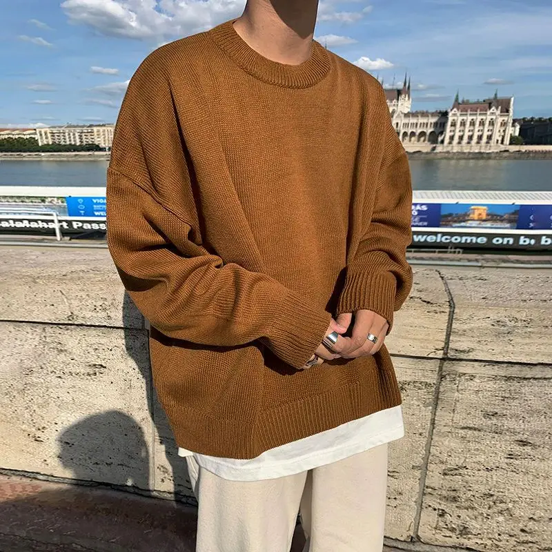 Korean style sweater men's trendy autumn and winter loose round neck solid color pullover sweater thickened casual sweater tops