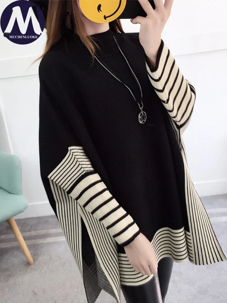 

Women's Knitted Sweater Autumn Winter Stripe Batwing Sleeve Casual Side Slit Korean Fashion Pullover Top