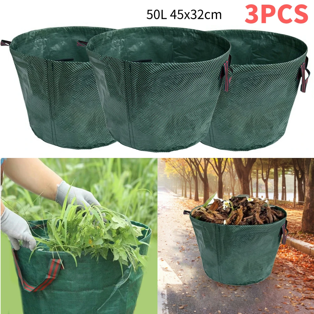 Bolsa de hojas para césped y jardinería de 50L, contenedor de almacenamiento de basura reutilizable con 4 asas, contenedor de desechos para flores, corte de setos y césped