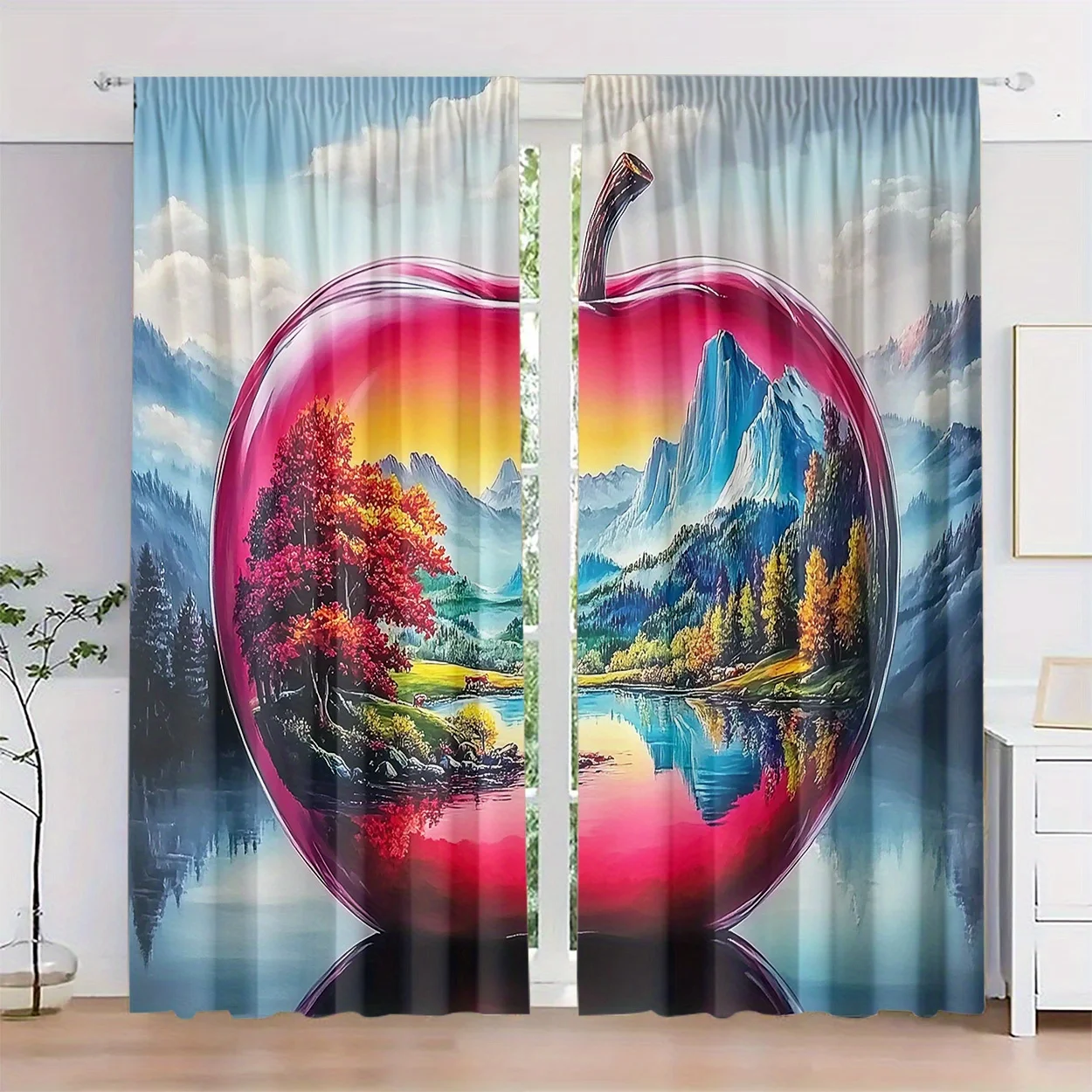 2pcs Artistic Apple Mirror Scenery Printed Blackout Curtains, Polyester Rod Pocket Drapes for Bedroom, Living Room, Office - Fad