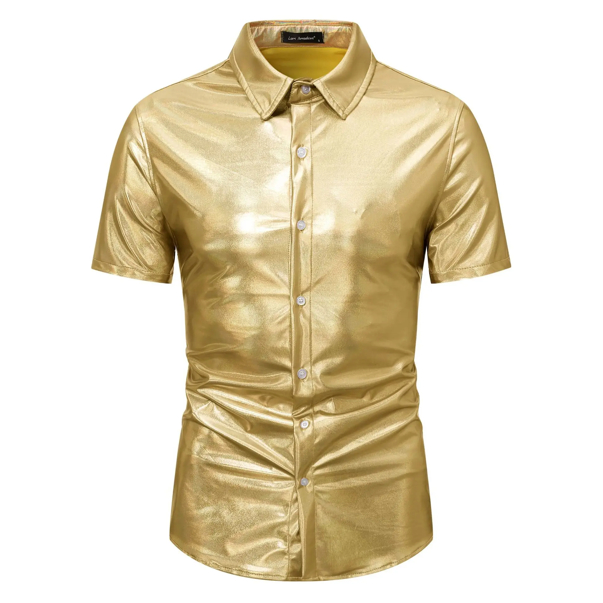 

Men's 70‘s Disco Metallic Shiny Gold Shirt For Party Stage Night Club Short Sleeve Shirt Men Stylish Prom Banquet Chemise Hombre