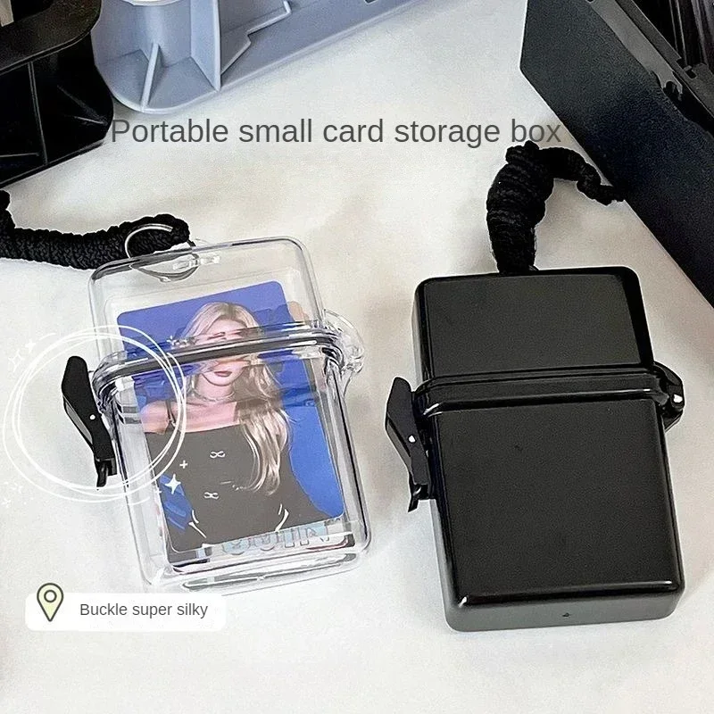 Transparent Photocard Holder Photo Storage Box Twith Rope Card Holder Plastic Square Dustproof Waterproof Box Desk Accessories