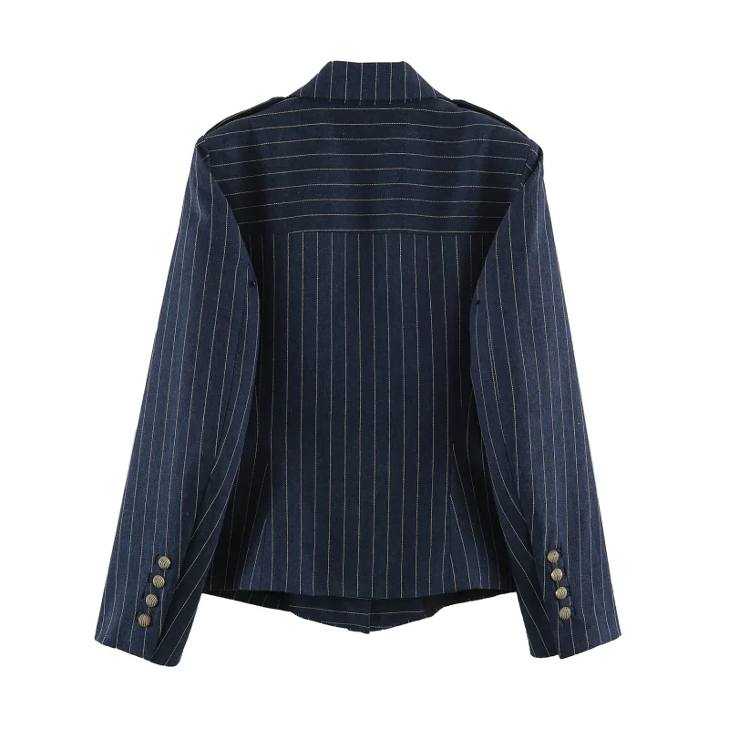 Schmal geschnittene Damen-Cropped-Anzugjacke mit gestreiftem Muster, gekerbtem Revers, doppelreihigen Metallknöpfen, Vintage-Militärblazer, Herbst-Oberbekleidung – Detail 14
