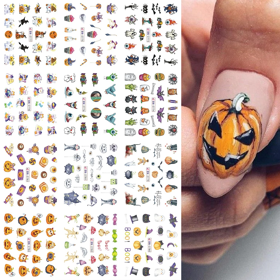 12pcs Cartoon Ghost Pumpkin Water Nail Sliders Magic Night Bat Eyeball Candy Pattern Decals Halloween Festival Manicure Stickers