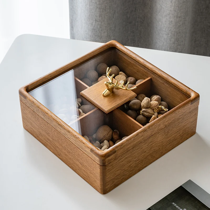 Solid Wood Fruit Box New Chinese Fruit Plate Candy Box Fruit Box Living Room Home Grid with Lid Nut Plate Dried Fruit Snack