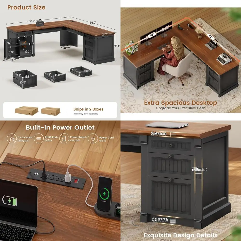 

L Shaped Desk with 4 Ders, 67"x 67" Executive Home Oice Desk with ile Ders & Storage Cabinet, Computer Desk with Power Strip or