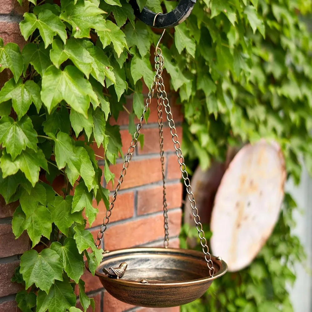 Baños de pájaros colgantes de metal para exteriores, comedero para pájaros al aire libre, patio, decoración de patio, jardín (oro)