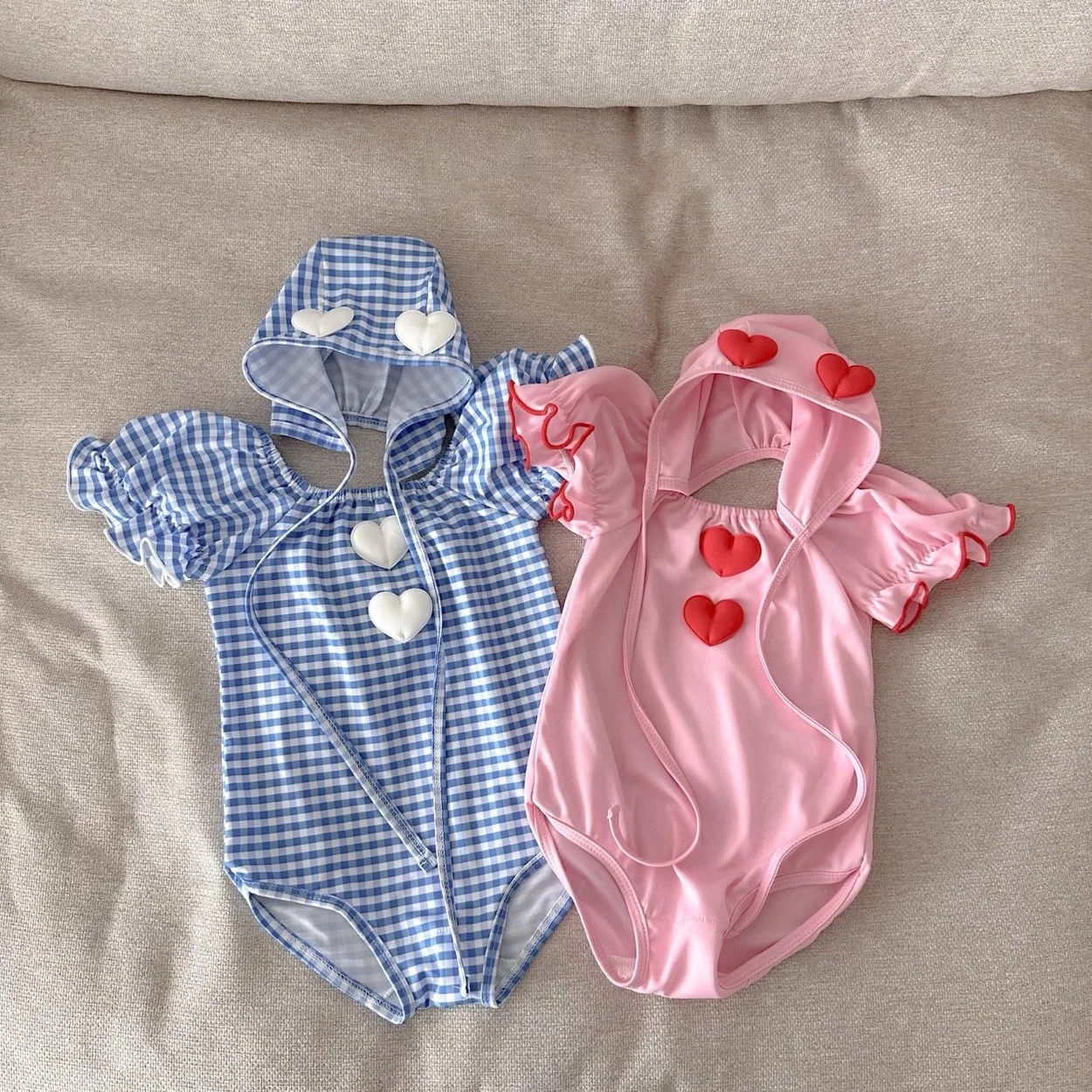 Summer New Baby Girl Swimwear Toddler Kids Ruffle Sleeve Jumpsuit with Swim Caps Quick Dry Swimming Outfit for Beach Pool