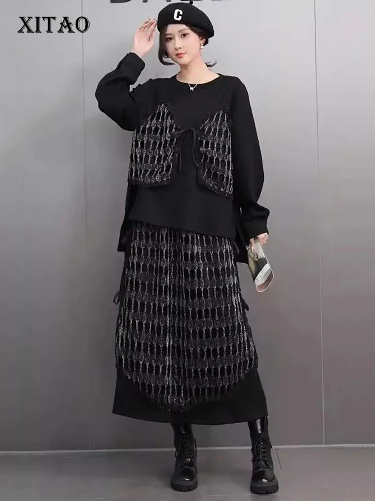 

XITAO Full Sleeve O-neck Loose Female Elastic Waist Set Patchwork Hollow Out Lace Two Pieces Spring Women Dress Set GMM1068