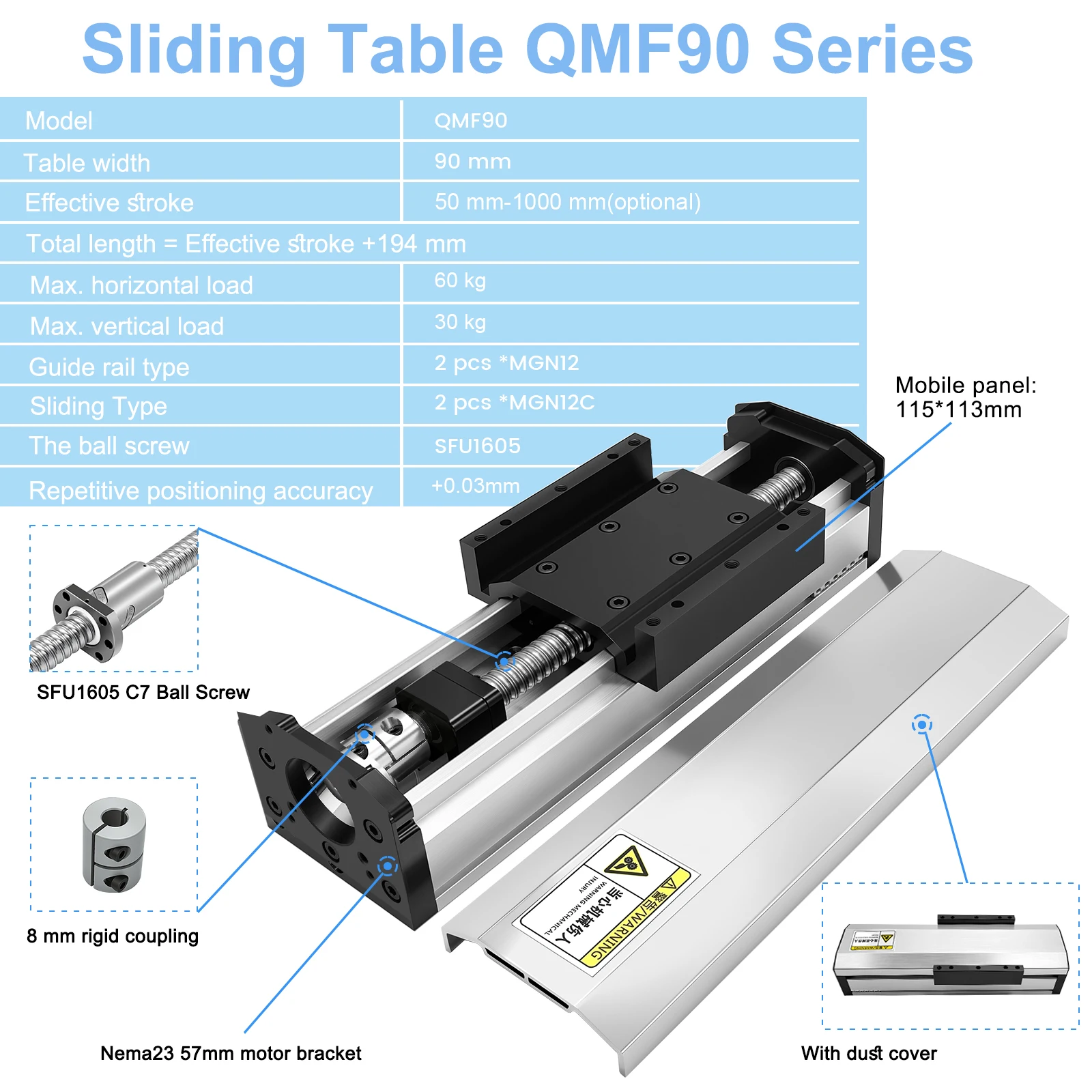 40KG-150KG Load Fully Enclosed Linear Rail Stage Ballscrew Sliding Table Dustproof Waterproof Linear Actuator 90/120/150mm Wide
