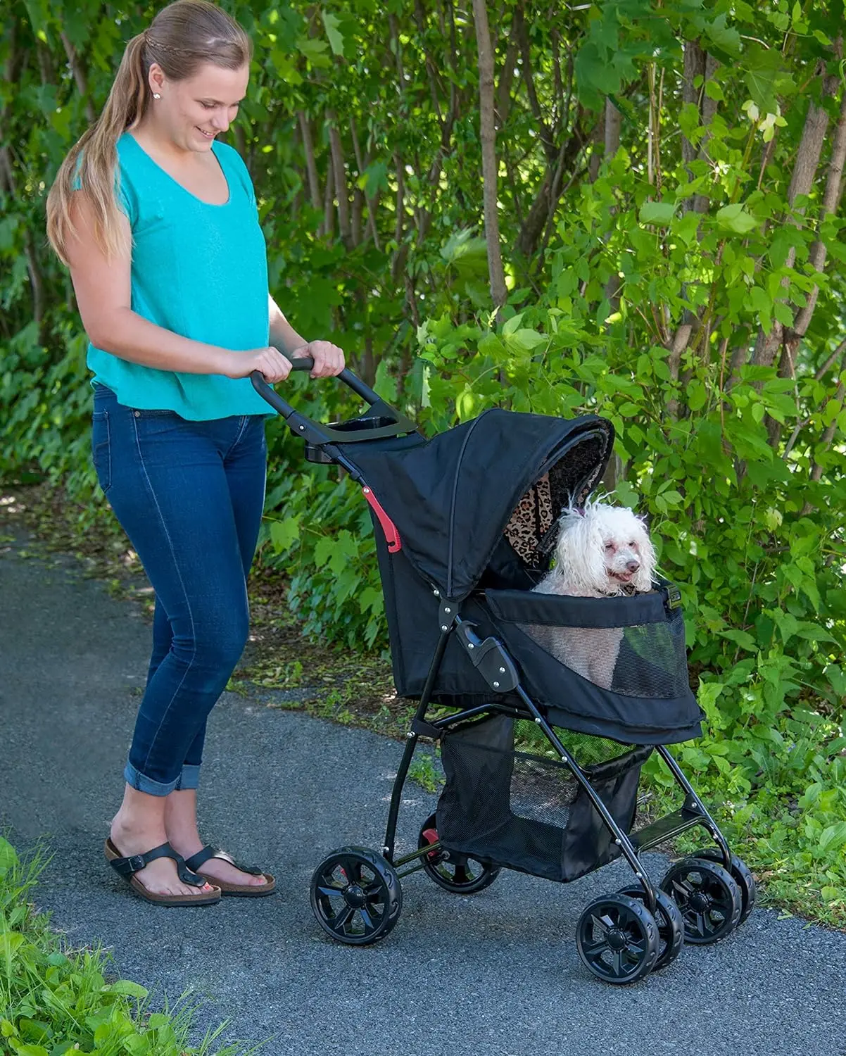 No-Zip Happy Trails Lite Pet Stroller for Cats/Dogs,  Easy Fold with Removable Liner, Safety Tether, Storage Basket + Cup Holder